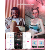 A collage depicting a man in New York smiling at his phone while wearing headphones, alongside a woman in Berlin sitting casually. Beneath them are app screenshots featuring the Lovense Ferri Panty Clitoral Vibrator, accompanied by QR codes for downloading the app from the App Store and on Android devices.